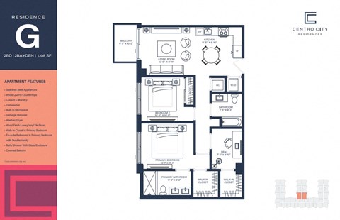 Floor plan for 2 beds, 2 baths, 1108 sqft